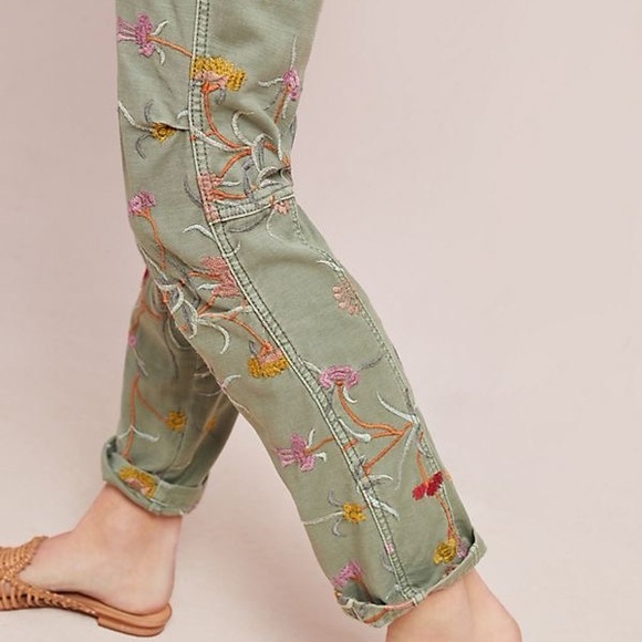 Anthropologie Y2K Style Floral Embroidered Cargo Pants Gray Pink Chic ✨ - Picture 3 of 14